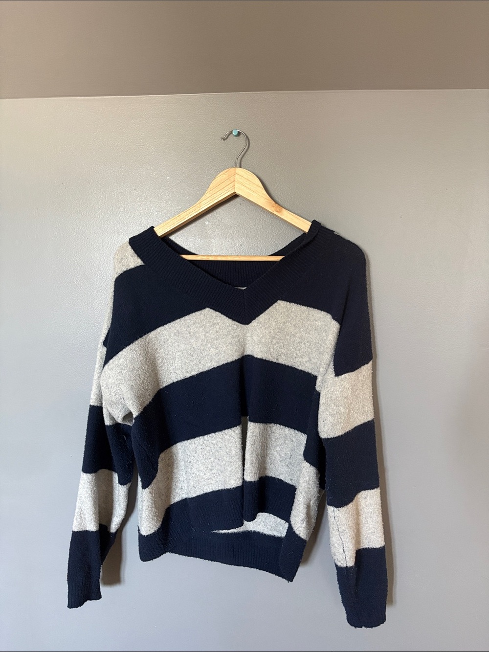 Hollister Navy and Cream Striped V-Neck Sweater